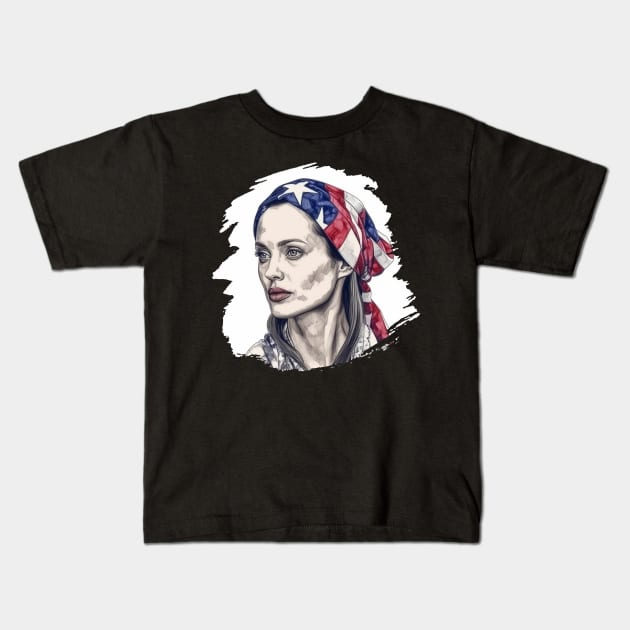 Portrait of Angelina Jolie, 4th of July Patriotic Kids T-Shirt by Pixy Official